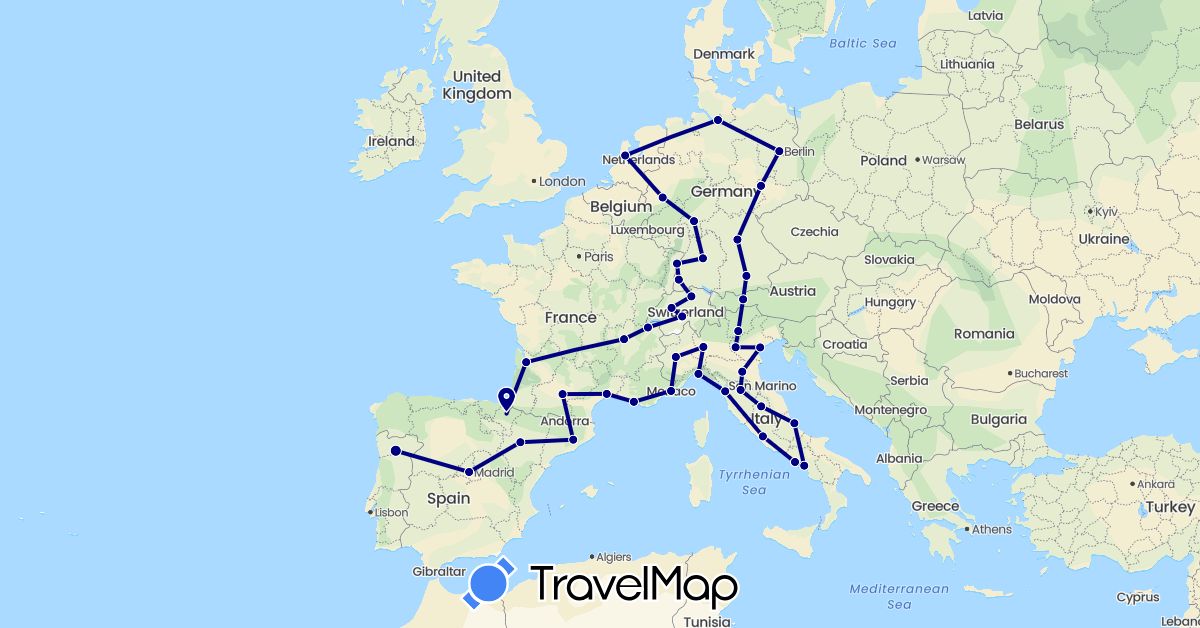 TravelMap itinerary: driving in Austria, Switzerland, Germany, Spain, France, Italy, Monaco, Netherlands, Portugal (Europe)